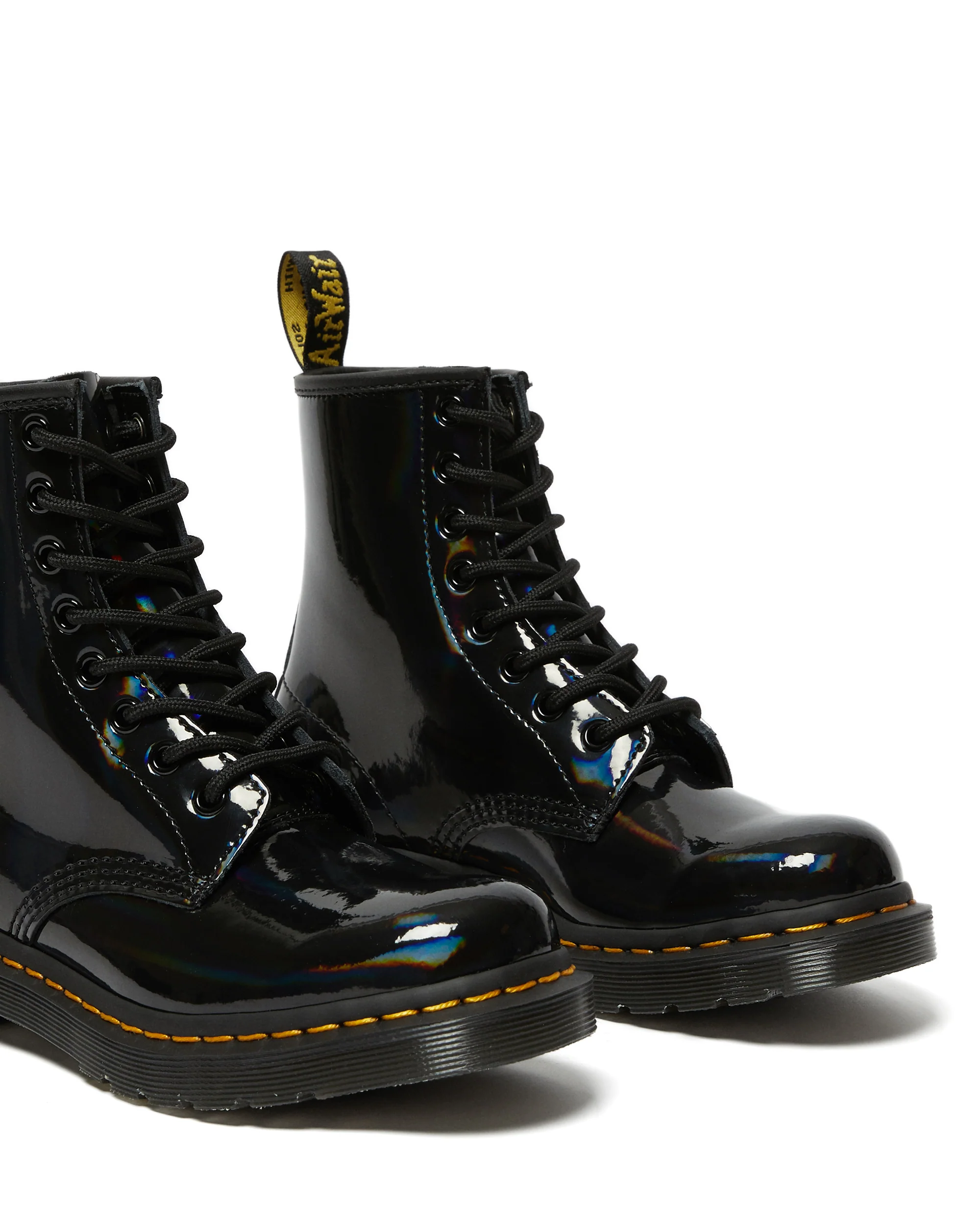 1460 Yellow Stitch Black Rainbow Patent Boots - Image 3
