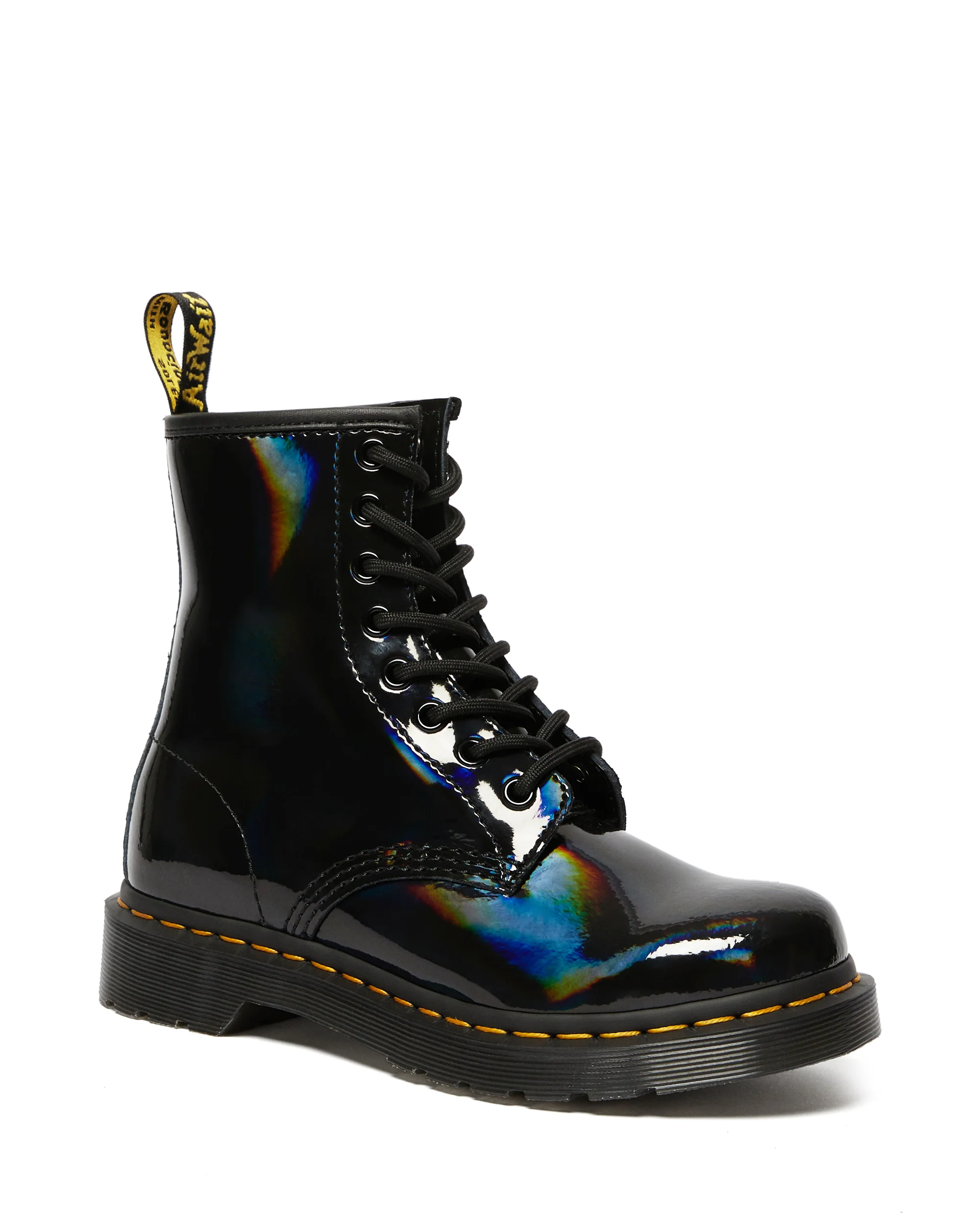1460 Yellow Stitch Black Rainbow Patent Boots - Image 9