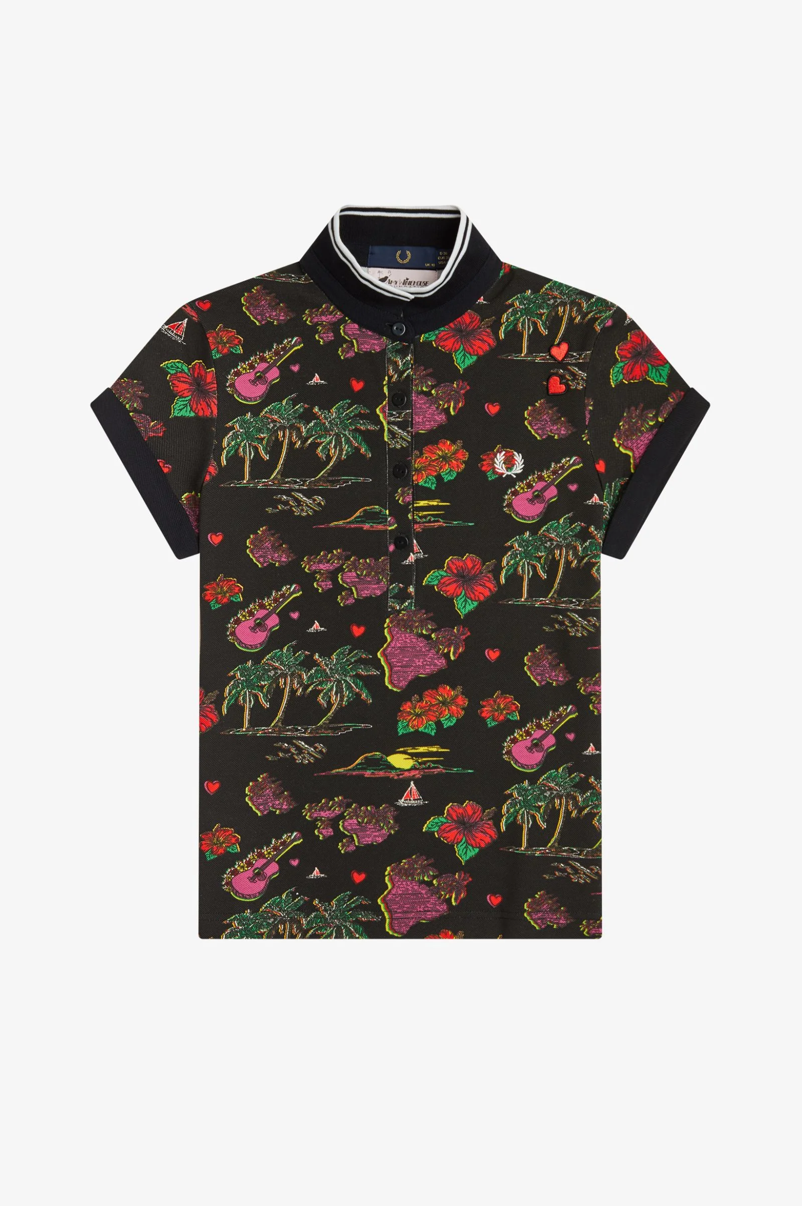 Amy Winehouse Black Hawaiian Print Polo Shirt - Image 2