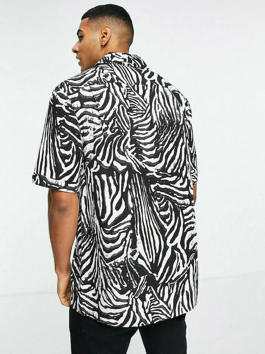 Fred Perry Zebra Print Camp Collar Short Sleeve Shirt In Black - Image 3