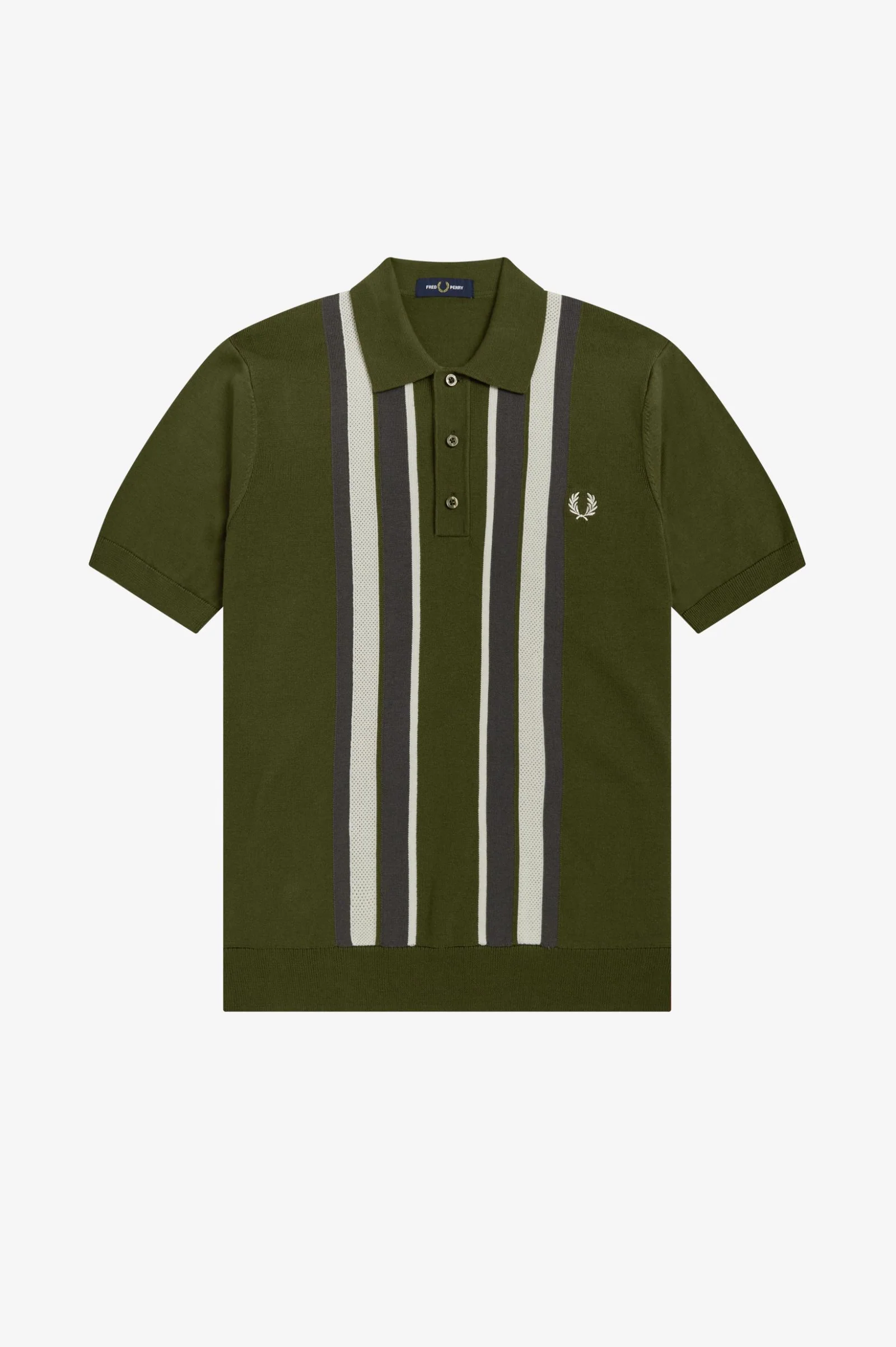 Fred Perry Military Green Striped Knitted Shirt - Image 2