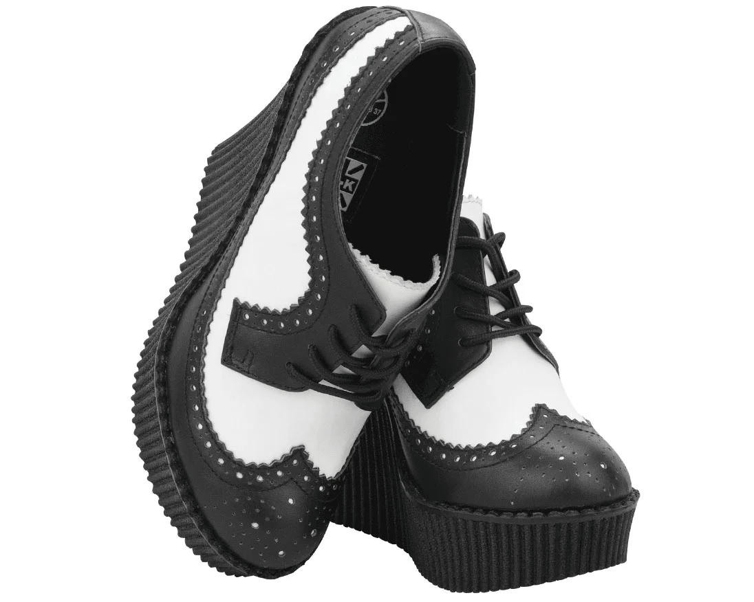 T.U.K Black/White Leather Brogue Wingtip Creeper Wedge - Image 4