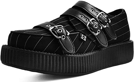 T.U.K Black/White Pinstripe Strapped Viva Low Creeper