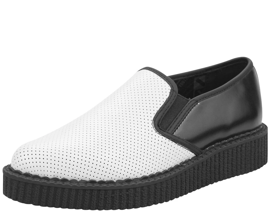 T.U.K White Black Perf Pointed Slip On Creeper