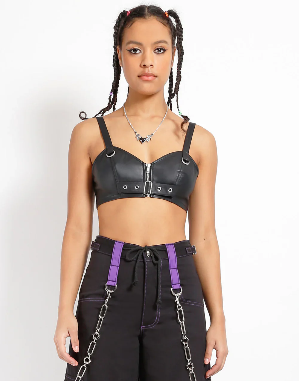 Tripp Nyc Faux Leather Buckle Crop Halter Top